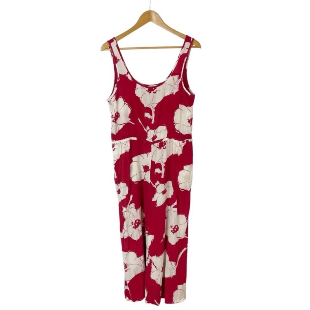 TiMo Floral Jumpsuit Red cream ivory wide leg cropped  Large